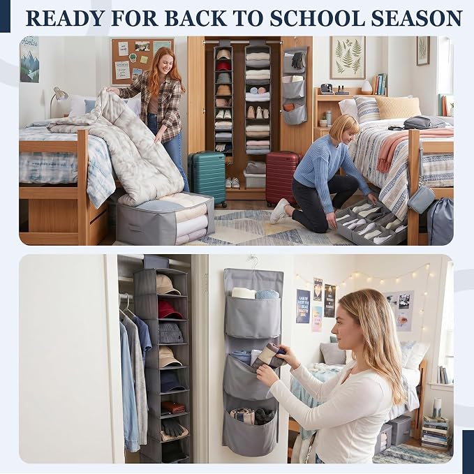 7 Pcs Dorm Storage Organizer Set College Dorm Room with Hanging Closet Organizer Under Bed Shoe Organizers Comforter Storages Bag Laundry Bags Non Woven Storage for Back to School