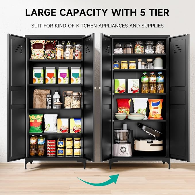SISESOL Metal Storage Cabinet with Doors and Shelves,Black Storage Cabinet with Leg,Metal Pantry Cabinets,Ventilated Pantry Closet,Tall Large Cupboard for Home,Kitchen,Dining/Living/Laundry Room