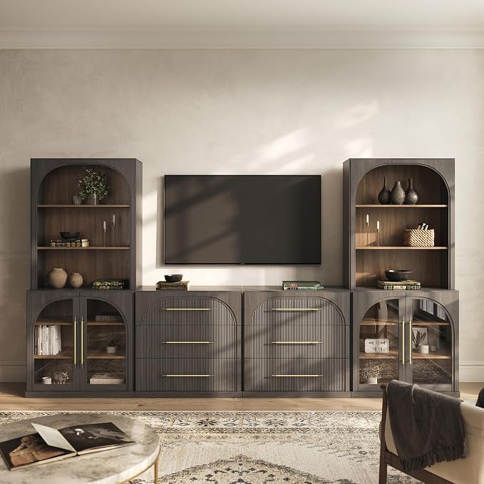 BELLEZE 6-Piece Modular TV Stand Set - 2 Arched Glass Door Sideboards, 2 Sideboards with Drawer, 2 Hutch Cabinets, Classic Modern Media Console Entertainment Center for Living Room (Ebony)