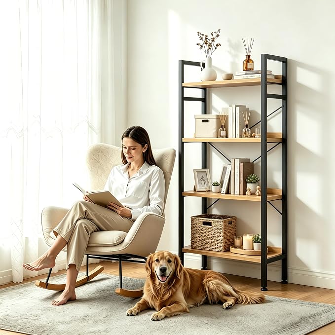 HealSmart 4 Tier Bookshelf, Free Standing Book Shelf Home Office Bookcase Shelf Storage Organizer for Bedroom, Bathroom, Living Room, Office, Balcony, Wood