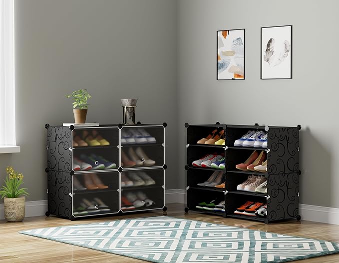 HOMIDEC Shoe Rack Organizer 16 Pair Modular Shoe Storage Cabinet for Closet | PP Plastic, Sturdy Steel Frame, Waterproof, Dustproof, Easy Clean, Shoe Shelves for Closet Garage Hallway Bedroom Entryway
