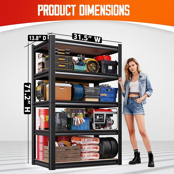 71"H-32"W-14"DGarage Shelving-5 Tier Garage Storage Shelves,Adjustable Heavy Duty Metal Shelving Unit and Storage Large Rack,Utility Steel Shelf For Warehouse Industrial Pantry Basement Organizers