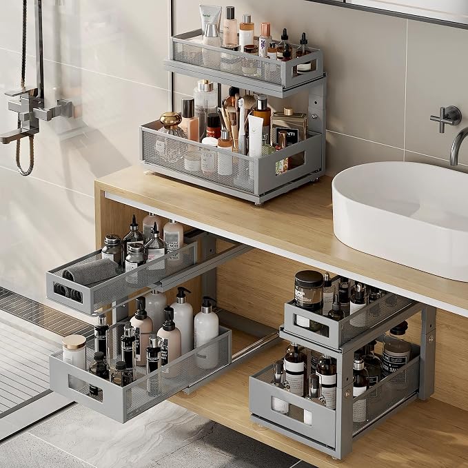 1 Pack 15.74IN-Depth Under Sink Organizer With Next-Gen Ball-Bearing Slides,2-Tier Pull Out Cabinet Storage,Height Adjustable Drawer Shelf for Bathroom,Kitchen,Laundry,Cabinet,Pantry-Gun Gray