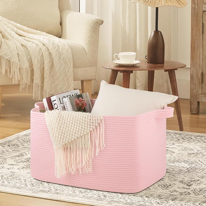 OIASKET 95L Extra Large Blanket Basket, 24" x 16.9" x 14.2" Woven Storage Basket for Living Room, Rectangle Nursery Blanket Storage for Toys, Towels, Dirty Clothes (Pink)