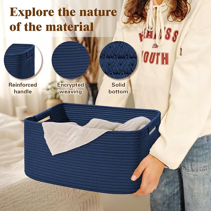 4 Pack Large Storage Basket for Organizing, 17.5"x13"x7" Woven Basket for Shelves, Closet Cube Storage Bins with Wrapped Handle, Cotton Rope Baskets for Kitchen, Clothes, Toys(Navy Blue)