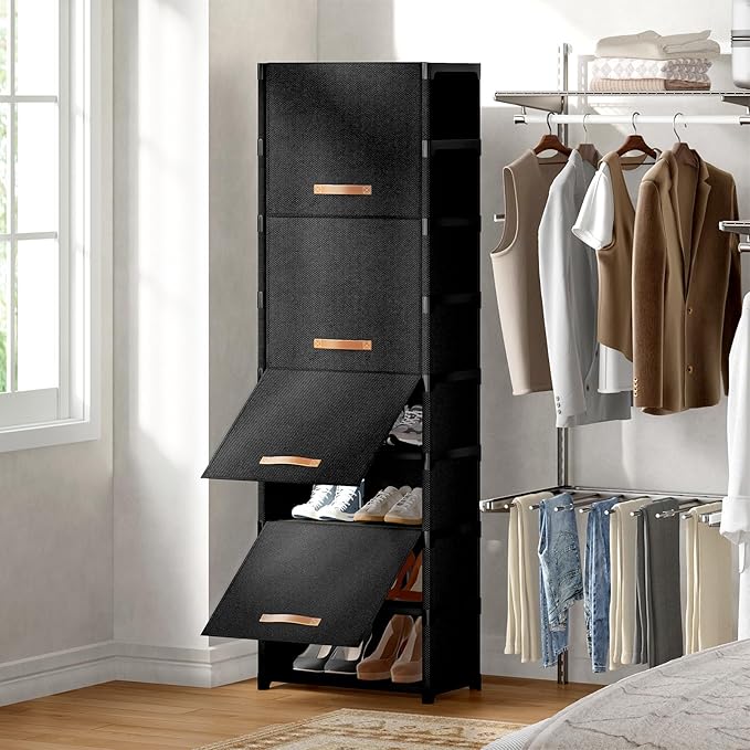 9 Tier Shoe Cabinet with Door, 18-Pair Rack for Closet Black | Non-woven & metal frame, stable. Door blocks dust & pets. DIY split for spaces. Easy assembly.