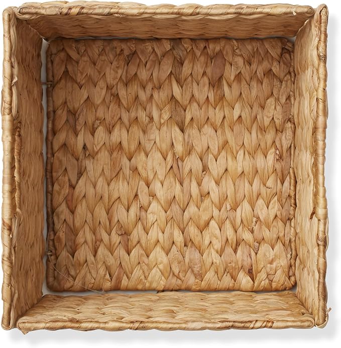 Casafield 10.5" x 10.5" Water Hyacinth Storage Baskets, Natural - Set of 4 Collapsible Cube Organizers, Woven Bins for Bathroom, Bedroom, Laundry, Pantry, Shelves
