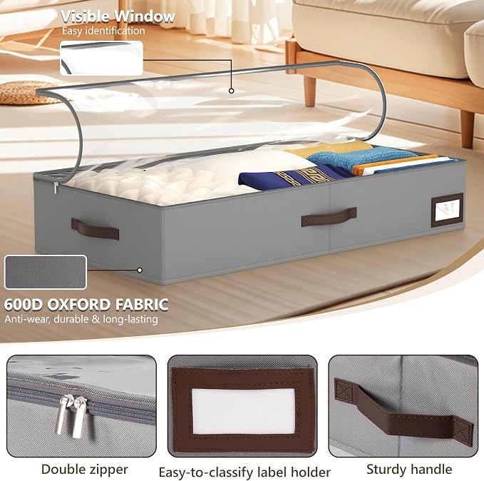 OIAHOMY 2 Pack Under Bed Storage with Handles, Underbed Container for Bedroom & Closet, Fits Beds Higher than 6", Under the Bed Storage for Seasonal Clothes, Blankets & Shoes - Grey