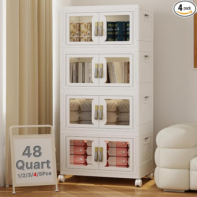 Stackable Storage Bins with Lids, 192QT Extra Large Storage Cabinet | Clear Doors, Foldable Storage Drawers, Heavy Duty, Collapsible Closet Organizers for Bedroom Office (4, White, 48, Quarts)