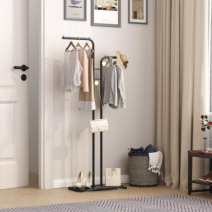 HOMEFORT Coat Rack, Freestanding Metal Coat Racks, Double-pole Clothes Hat Stand with 5 Hooks for Closet, Bedroom, Entryway, Living Room, Black
