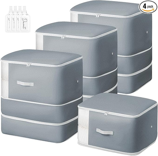 Comforter Storage Bag -Large Capacity Blanket Storage Bags 3-Layer Ultra Space Saving Self Compression Organizer, Washable Compression Bags for Storage Comforter Blanket, 4-Pack, Grey