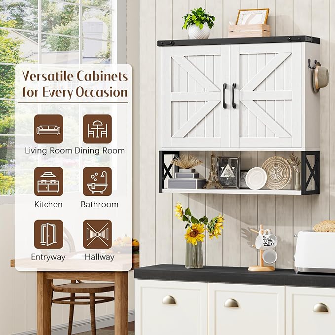 Vabches Bathroom Wall Cabinet, Farmhouse Medicine Cabinet, Rustic White | Vintage Storage Cabinet Wall Mounted with Double Barn Doors and Iron Shelf for Bathroom, Kitchen, Rustic White and Black