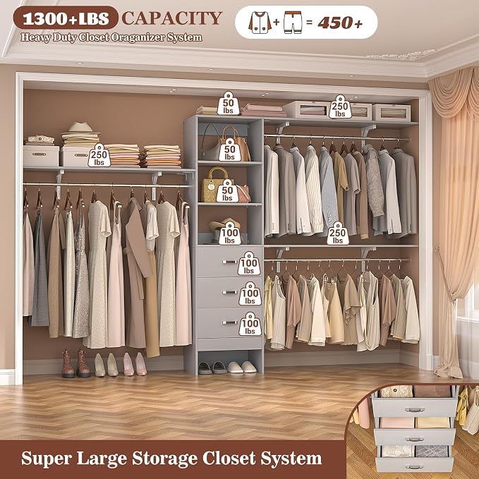 120 Inches Closet System, 10FT Walk In Closet Organizer with 3 Shelving Towers, Heavy Duty Clothes Rack with 3 Drawers, Built-In Garment Rack, 120" L x 16" W x 75" H, Max Load 1300 LBS, Grey
