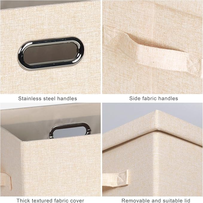 Storage Bins with Lids Fabric Closet Organizers Cubes Office Organization | 36 Quart 3 Pack Light Orange Collapsible Stackable Linen Fabric 4 Handles Bedroom Closet Cabinet Under Bed Clothes Toy Office