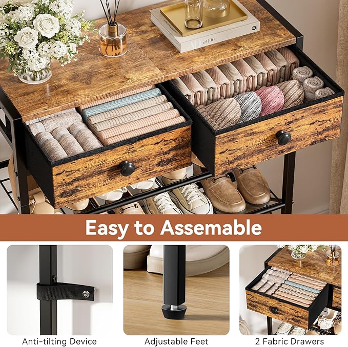 5 Tier Shoe Rack with 2 Drawers, 16-20 Pairs Rustic Brown | Holds 16-20 pairs. 2 drawers for socks/keys. Removable layer for boots. Anti-tip kit included. Quick assembly.