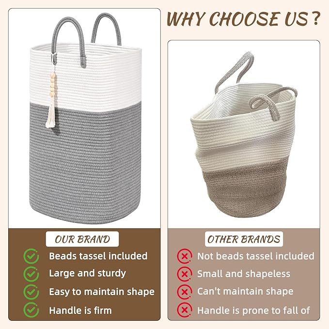 Woven Laundry Basket for Clothes, 80L Large Rectangle Laundry Hampers with Beads Tassel, Nursery Storage Basket for Toys, Tall Dirty Clothes Hamper for Bedroom Aesthetic, Laundry Room Organization