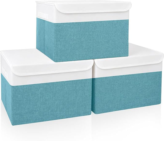 Large 17" 42 Quarts Collapsible Stackable Storage Bins with Lids [3-Pack] Foldable Fabric Linen Storage Boxes Cube, Closet Organizer Baskets with Label for Home (16.7 x 12 x 12", Teal & White)