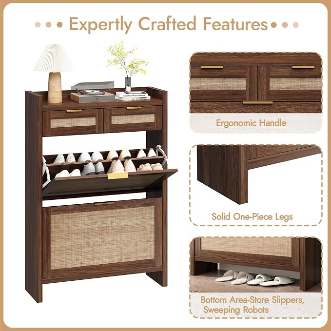 HOKYHOKY Rattan Shoe Storage Cabinet with 2 Drawers & 2 Flip Drawers | Hidden Slim Shoe Organizer, Farmhouse Boho Narrow Shoe Rack, Large Tabletop Space, Entryway, Walnut