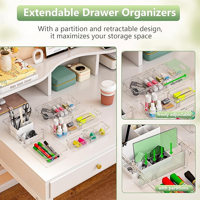 BLULEE 4-in-1 Expandable Drawer Organizer Set, Adjustable Clear Bins | with Dividers for Kitchen, Bathroom, Vanity & Office, Scalable Trays for Cosmetics, Utensils & Desk Accessories (8 Pcs)