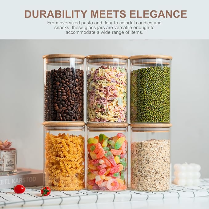 Liuruiyu 50oz Glass Food Storage Jars Set of 6,Glass Storage Containers Clear Glass Food Canister with Bamboo Lid Airtight For Serving Tea, Coffee, Flour, Sugar, Candy, Cookie, Spice and More (Round)