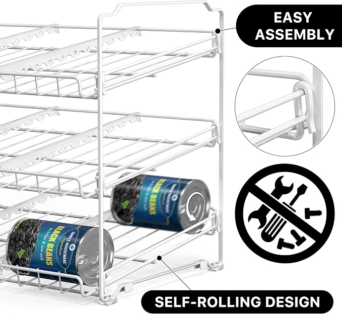 Simple Houseware 3-Tier Stackable Can Organizer Rack Hold 36 Cans, White | Can Food Storage Dispenser for Pantry/Cabinet, Adjustable Dividers – 11.5" D x 17" W x 13.75" H