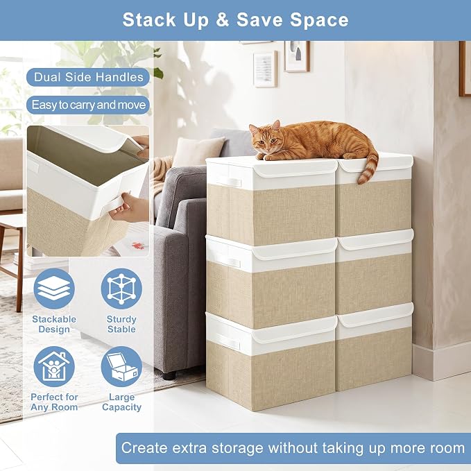 Bagnizer Large 17" 42 Quarts Collapsible Stackable Storage Bins with Lids [3-Pack] Foldable Fabric Linen Storage Boxes Cube, Closet Organizer Baskets with Label (16.7 x 12 x 12, Beige & White)
