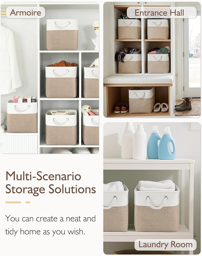 Patvingot 13-Inch Fabric Cube Storage Bins with Handles,4 Pack,Foldable | For cube shelves and closets,keeps grouped for everyday access,reinforced opening and fold-flat storage,white and khaki
