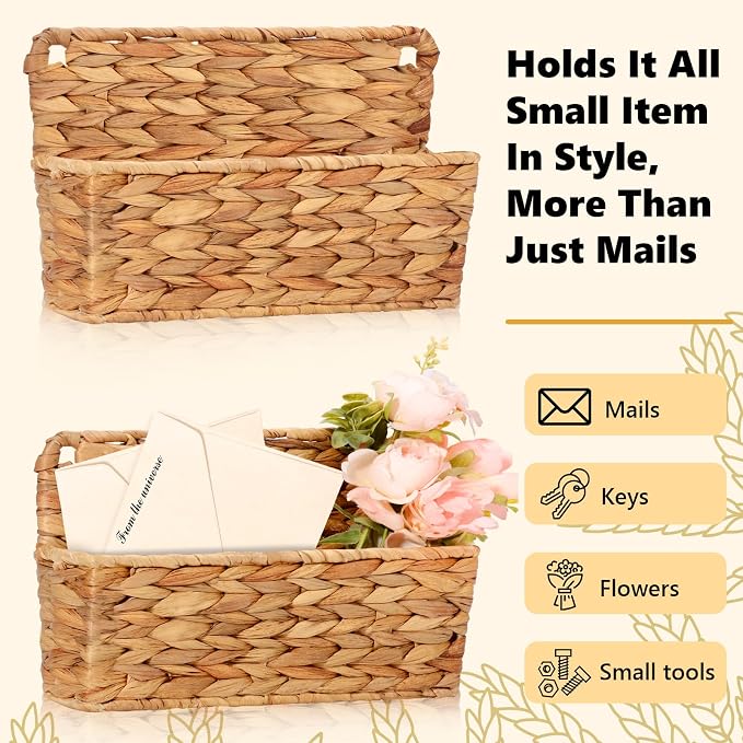 2 Pcs Woven Mail Holder Wall Mount Basket 9.25x1.57 Inch Rattan Wall Letter Holder Wicker Wall Basket Storage Water Hyacinth Hanging Storage Basket with Hooks for Mail Envelope Office