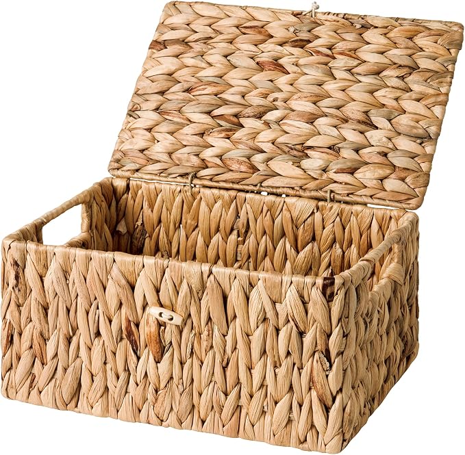 StorageWorks Water Hyacinth Baskets for Organizing, Wicker Storage Basket with Lid and Built-in Handles for Living Room (Medium, 1 Pack)