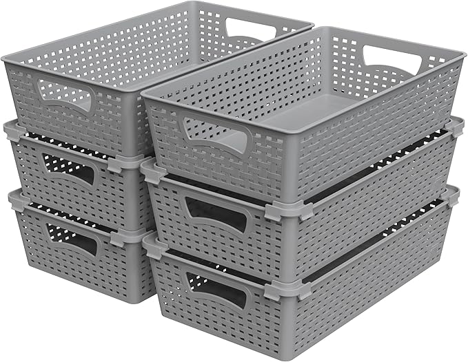Simple Houseware Stackable Plastic Woven Basket Organizer, 6 Pack, Gray | 14.5" D x 8.5" W x 3.5" H