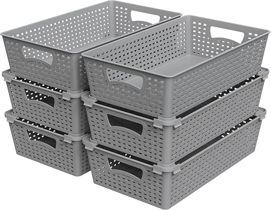 Simple Houseware Stackable Plastic Woven Basket Organizer, 6 Pack, Gray | 14.5" D x 8.5" W x 3.5" H