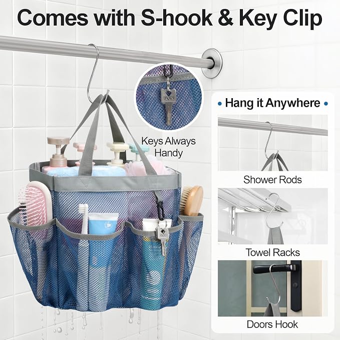 Mesh Shower Caddy Portable - 8 Pockets, S-Hook, Shower Bag for Dorm Camping | 2-Handle, Quick-Dry, Hanging Toiletry Organizer, College Dorm Room Essentials for Girls, Gym, Travel & Bathroom, Navy Blue