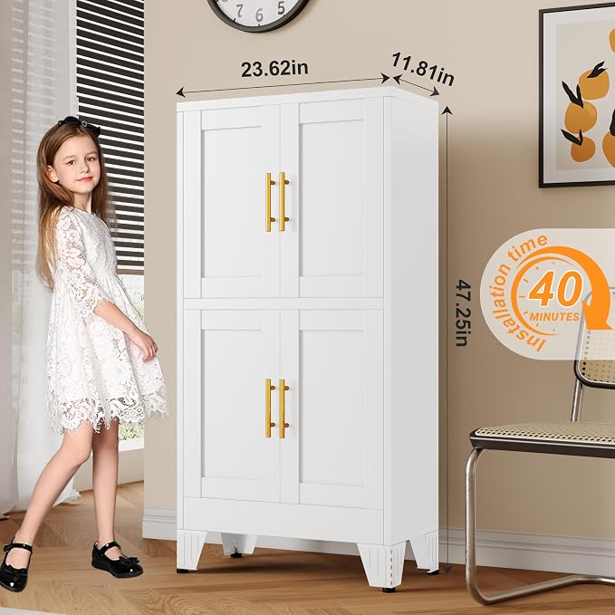 GAIOUS 47.25" Metal Pantry Cabinet, Storage Cabinets with 4 Door and 2 Adjustable Shelves, White Bathroom Cabinet, Freestanding Cupboard for Kitchen Dining Living Room Bathroom