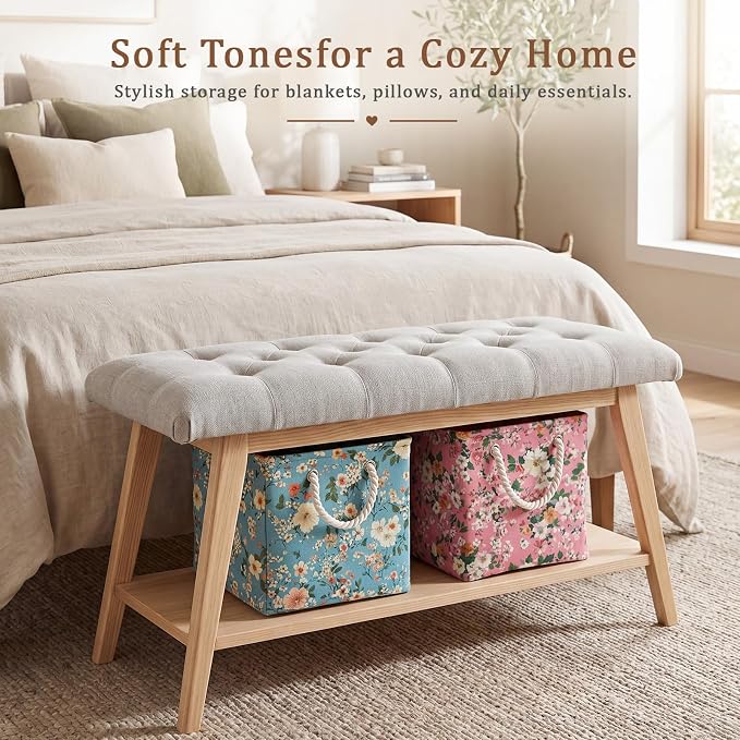 6 Pack Boho Floral Storage Bins 6 Pack, 11 Inch Cube Fabric Storage Baskets | Foldable Fabric Cube Baskets with Reinforced Handles, Floral Laundry Nursery Hamper, for Shelves, Closets, Room Organization