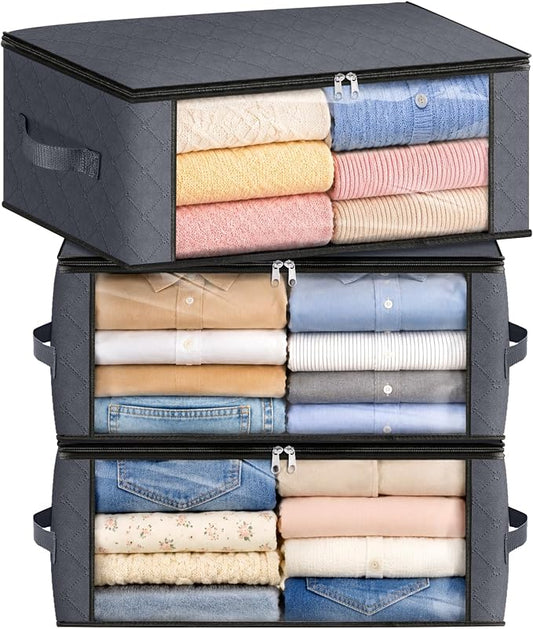 Fab totes 35L Closet Organizers and Storage, Foldable Under Bed Storage Containers, Storage bags for Organizing Bedroom, Closet, Clothing,Organization with Handle (3 Pack,Grey)