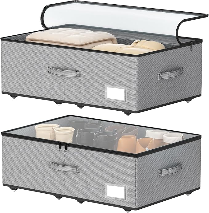 EE-RoomWorld Under Bed Storage with Wheels, No Assemble Required 10 inches height Under Bed Storage bins,Large capacity Rolling Underbed Shoe Storage containers，dorm underbed storage drawers
