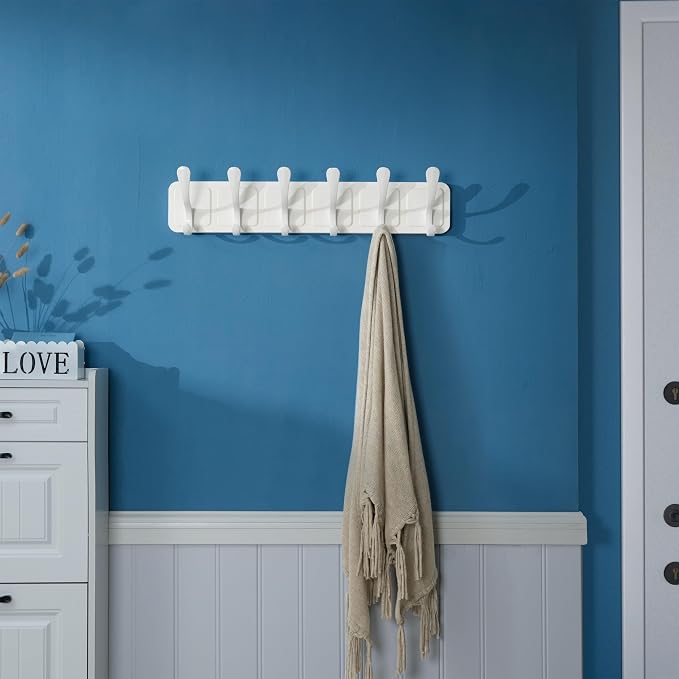 SKOLOO Coat Rack Wall Mount - Scandi-Style Wooden Carved-Block Coat Hook, Wall Coat Hanger with 6 Hooks for Hanging Coats, Hats, Clothing, Scarfs, White