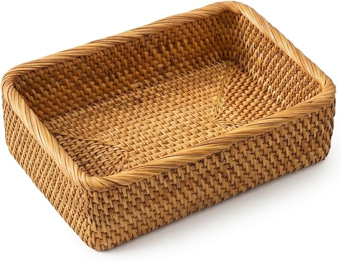 Yangqihome Natural Rattan Storage Baskets, Rectangular Woven Fruit Baskets, Decorative Wicker Basket Large Baskets for Organizing (L)
