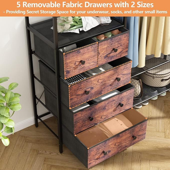 Heavy Duty Clothing Rack with 5 Drawers & 4 Storage Shelves, 2 Hanging Rods | 70.9Hx59.1W Clothing Rack, Wardrobe Closet Racks with 5 Hooks, Freestanding Garment Racks (Rustic Brown)
