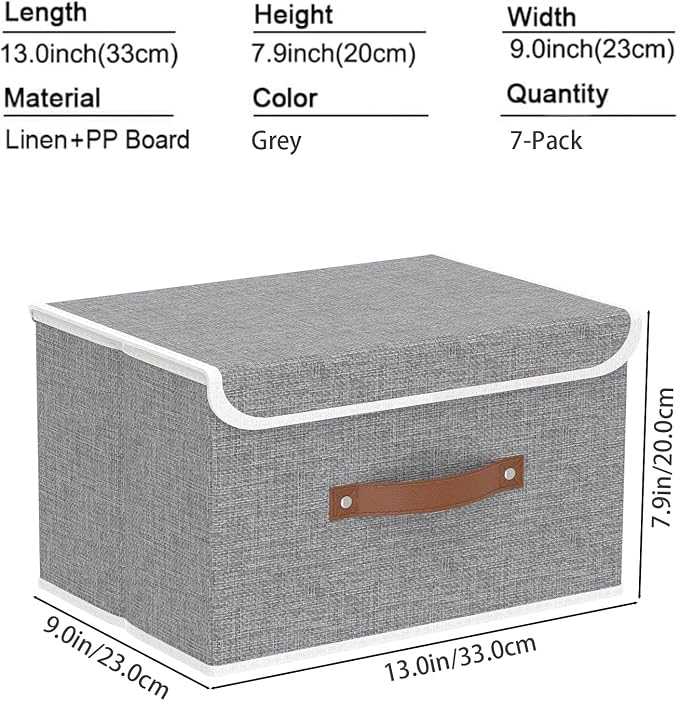 Yawinhe Collapsible Storage Bins,Grey,13.0x9.0x7.9in,7-Pack | Fabric Storage Box with Lids, Washable Cube Organizer Basket; Fabric Container with Leather Handle,Closet Organizer for Home