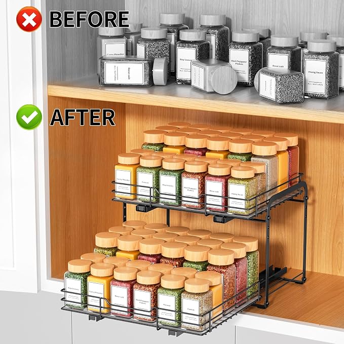 RCHYFEED 2 Tier Height Adjustable Pull Out Spice Rack,13.5" Wx10.5 Dx9.5 H | Heavy Duty Spice Organization for Cabinet Metal Slide Out Spice Rack for Cabinet & Pantry, for Seasoning,Sauces,Canned Goods