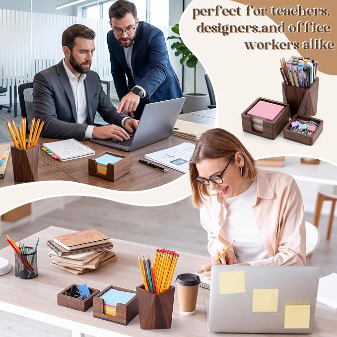 Novabright 3 Pcs Walnut Wooden Desk Organizer Set Office Desk Accessories | Desktop Writing Stationery Organizer, Wood Sticky Note Holder, Pencil Holder and Paperclip Storage for Craft Home Office