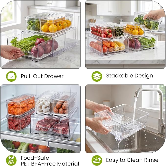 6Pack Fridge Organizers and Storage with Drain Trays,BPA-Free PET,Stackable | 6pack: 2 pull-out organizers & 4 containers with drain trays for fruit, vegetable, drink, snack food storage
