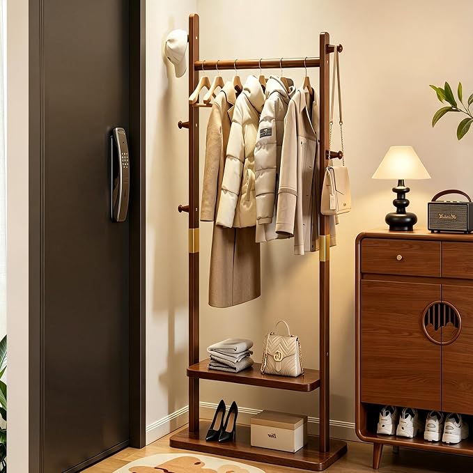 SOBIBO Wood Coat Rack Freestanding with Shelves & Hooks, 23.6inch, Walnut | Solid Wood Frame, 3-in-1 Clothes Rack, Garment Rack with Storage for Bedroom, Hallway, Entryway, Office, Living Room