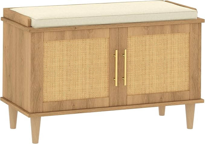 Akxomel 31.5" Rattan Shoe Storage Bench 2 Doors Wooden Entryway Bench Oak | 2 Tier Shoe Bench with Padded Cushion, Adjustable Shelves and 2 Doors, Solid Wood Legs, for Hallway, Living Room, Bedroom
