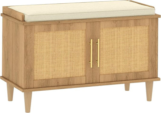 Akxomel 31.5" Rattan Shoe Storage Bench 2 Doors Wooden Entryway Bench Oak | 2 Tier Shoe Bench with Padded Cushion, Adjustable Shelves and 2 Doors, Solid Wood Legs, for Hallway, Living Room, Bedroom