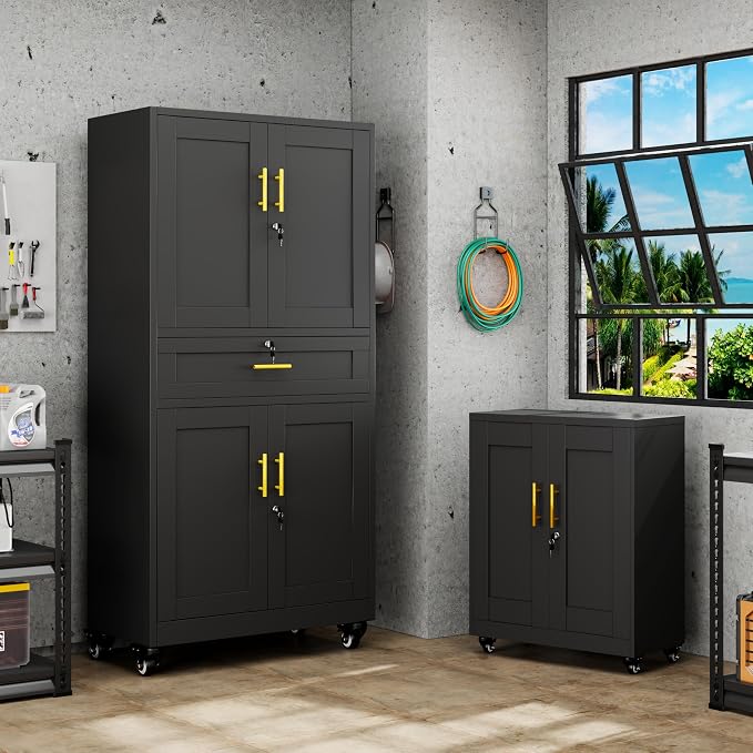 GAIOUS 74” Tall Metal Garage Storage Cabinet with Wheels and Drawer, Steel File Cabinet for Home Office, Tool Cabinet with 4 Locking Doors and 3 Adjustable Shelves, Rolling Cabinet for Garage-Black