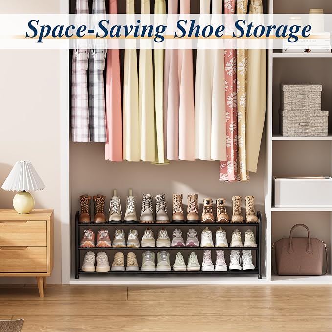 ENJOYBASICS 3 Tier Expandable Shoe Rack for Closet, Free Standing Metal Shoe Shelf Storage Organizer Holder 18 Pairs, Adjustable Width Shoe Rack for Entryway Small Space, Black