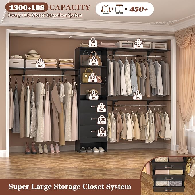 120 Inches Closet System, 10FT Walk In Closet Organizer with 3 Shelving Towers, Heavy Duty Clothes Rack with 3 Drawers, Built-In Garment Rack, 120" L x 16" W x 75" H, Max Load 1300 LBS, Black