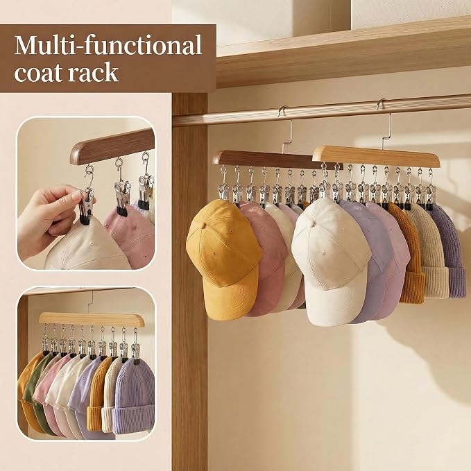 Closet Organizer with 10 Clips, 2PCS Space Saving Hanging Closet Organizer, Space-Saving Hat Scarf Clothespins for Jeans Skirts Socks Leggings Wooden Pant Hangers with Clips(Vintage+Wood)